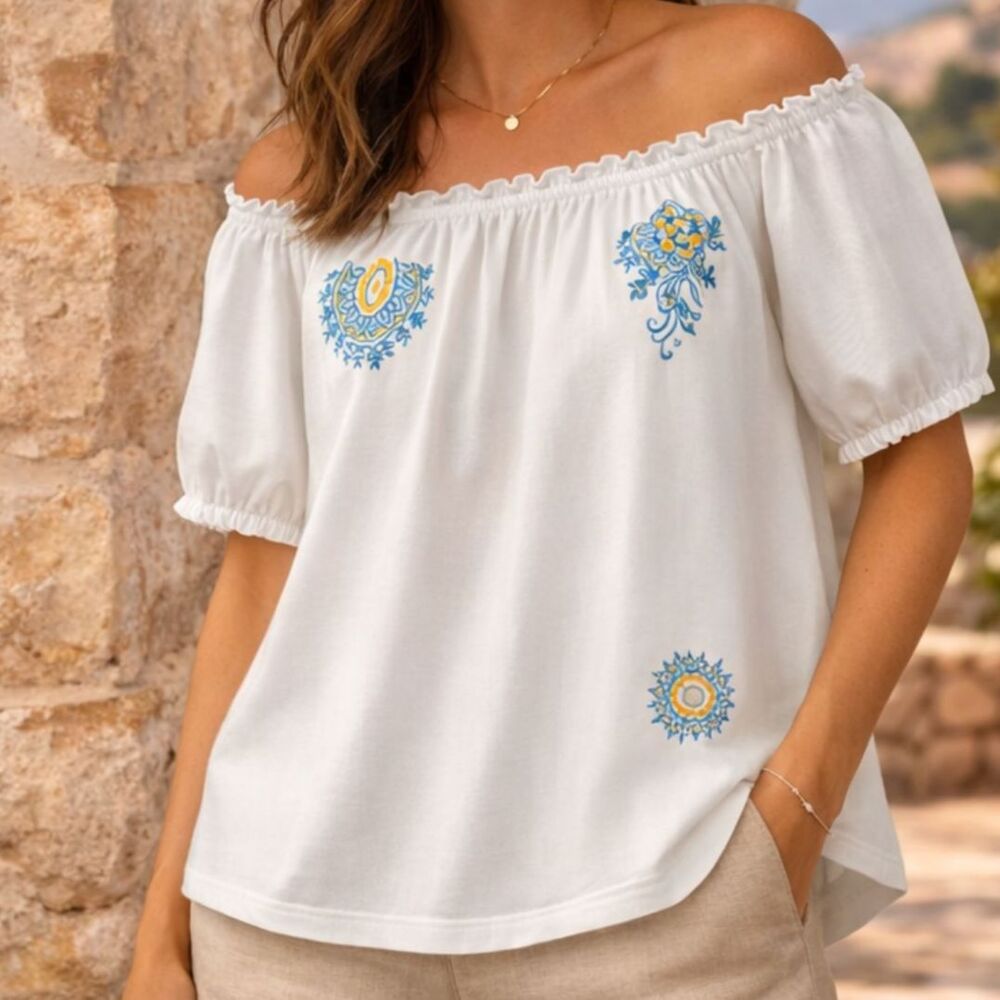 Mediterranean Boho Peasant Top 3X Embroidered 100% Cotton Resort Summer
